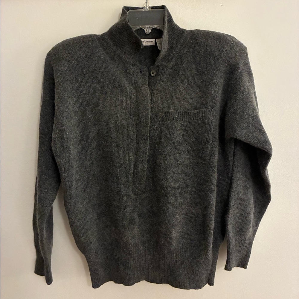 Vintage Liz Claiborne Henley-Style Wool-Blend Sweater in Dark Gray, sz L